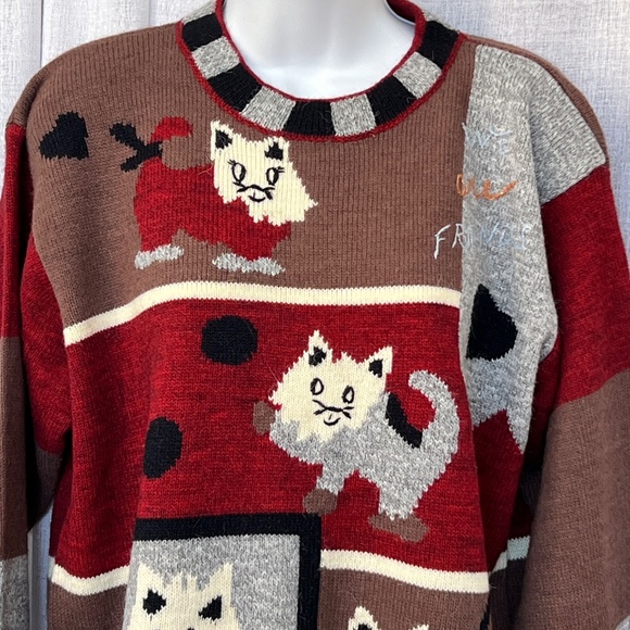 Embroidered Sweater Cats Friends Pullover Crewneck Red Brown Long Whimsey - Picture 2 of 6